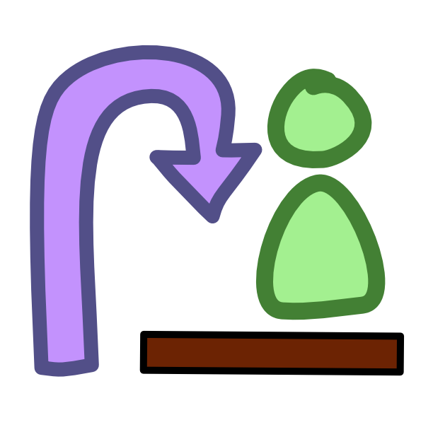  a blue arrow travels up then curves to point straight down at a table. Next to the arrow on the table is a purple circle. 